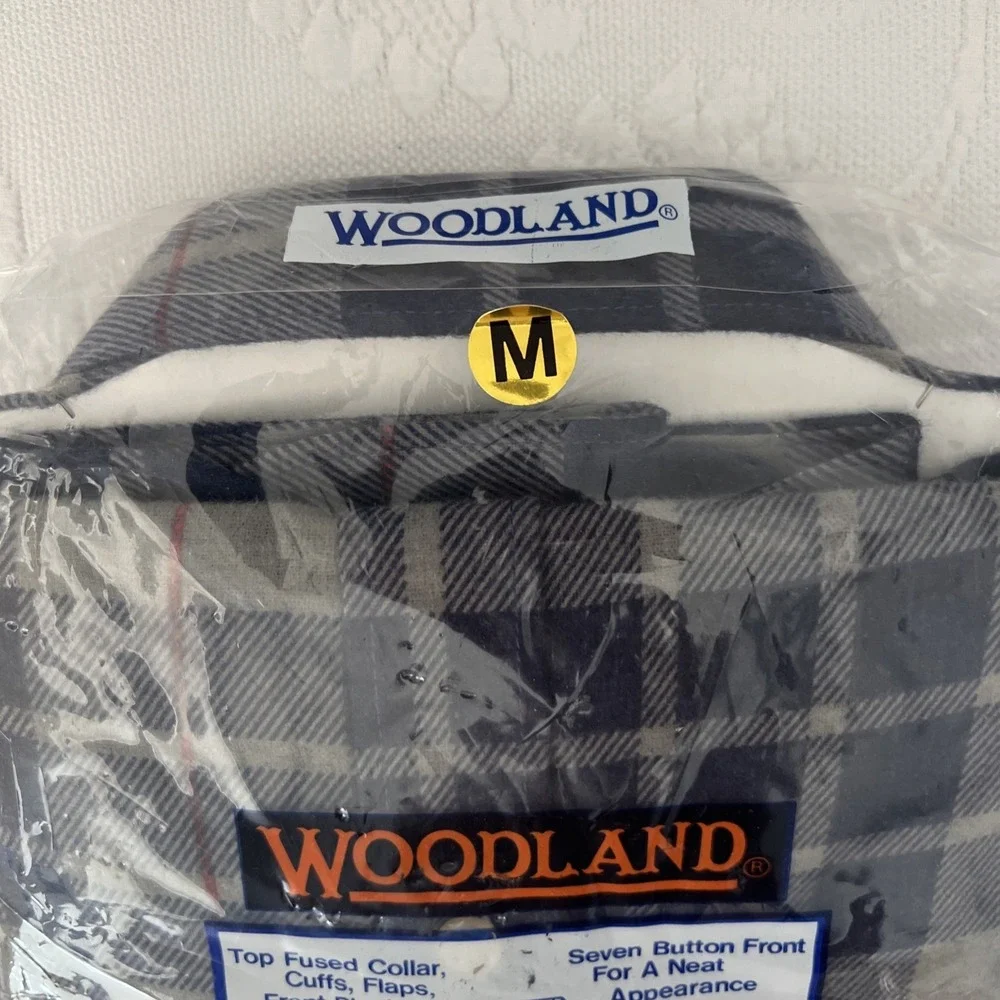 Vintage DEADSTOCK Woodland Brushed Flannel Plaid Perma Medium Blue Shirt Button